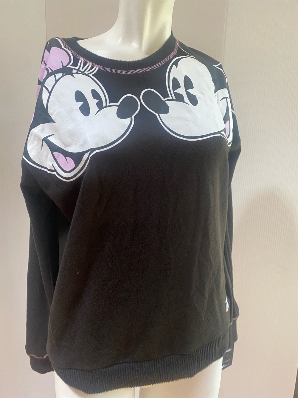 Disney Black Sweatshirt with Minnie & Mickey Faces and Pink Accents